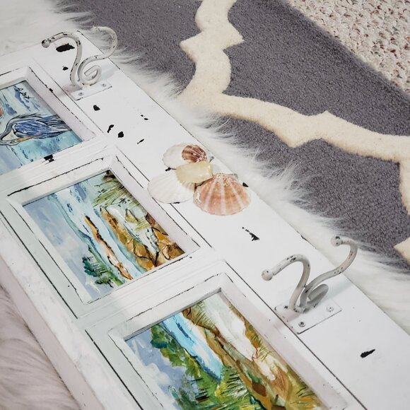 Vintage Signed Artsy Beachy Shabby chic Coastal Wall 2 Hook Shelf - Picture 3 of 7